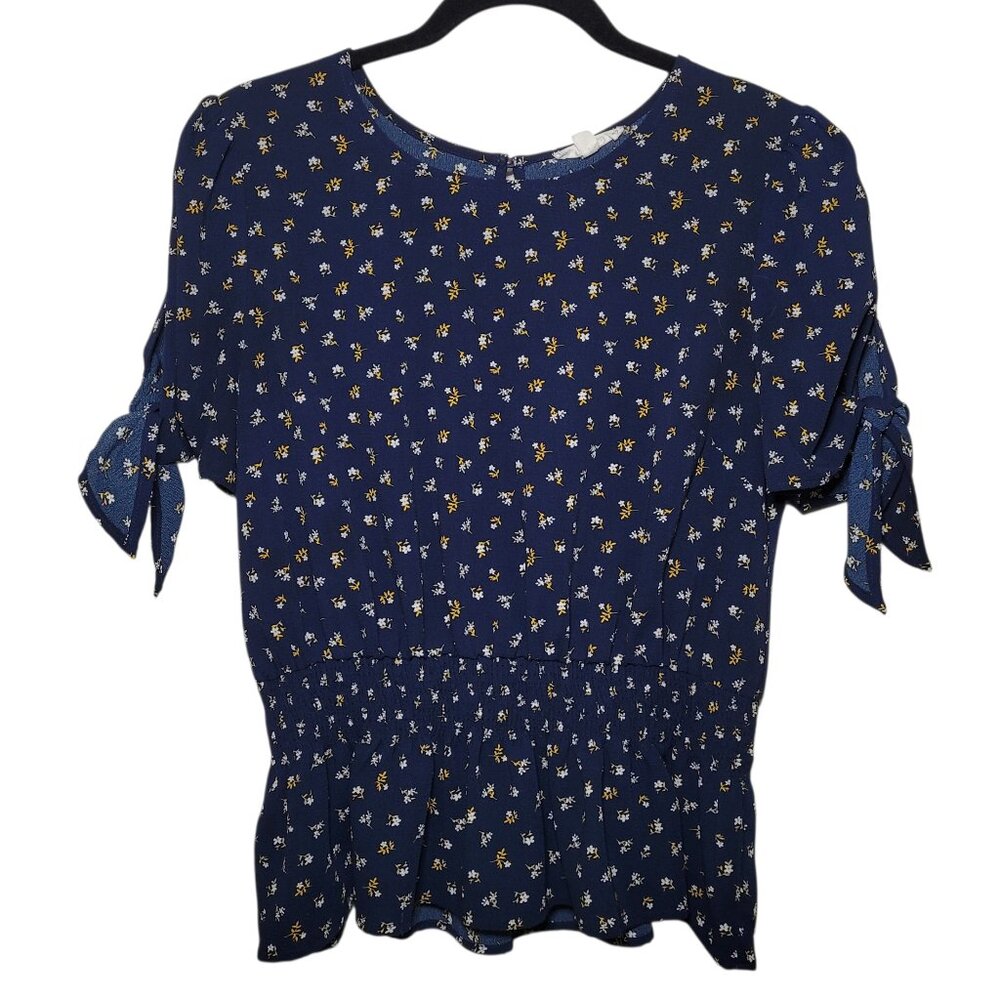 E & M Ditsy Floral Blouse Smocked Waist Tie Sleeves Navy Blue Large Modern Craft